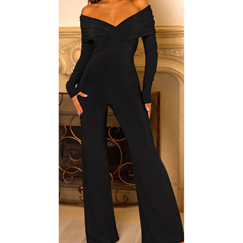 NWT Club L London Hand On Heart Twist Front Bardot Jumpsuit Black US 2 UK 6